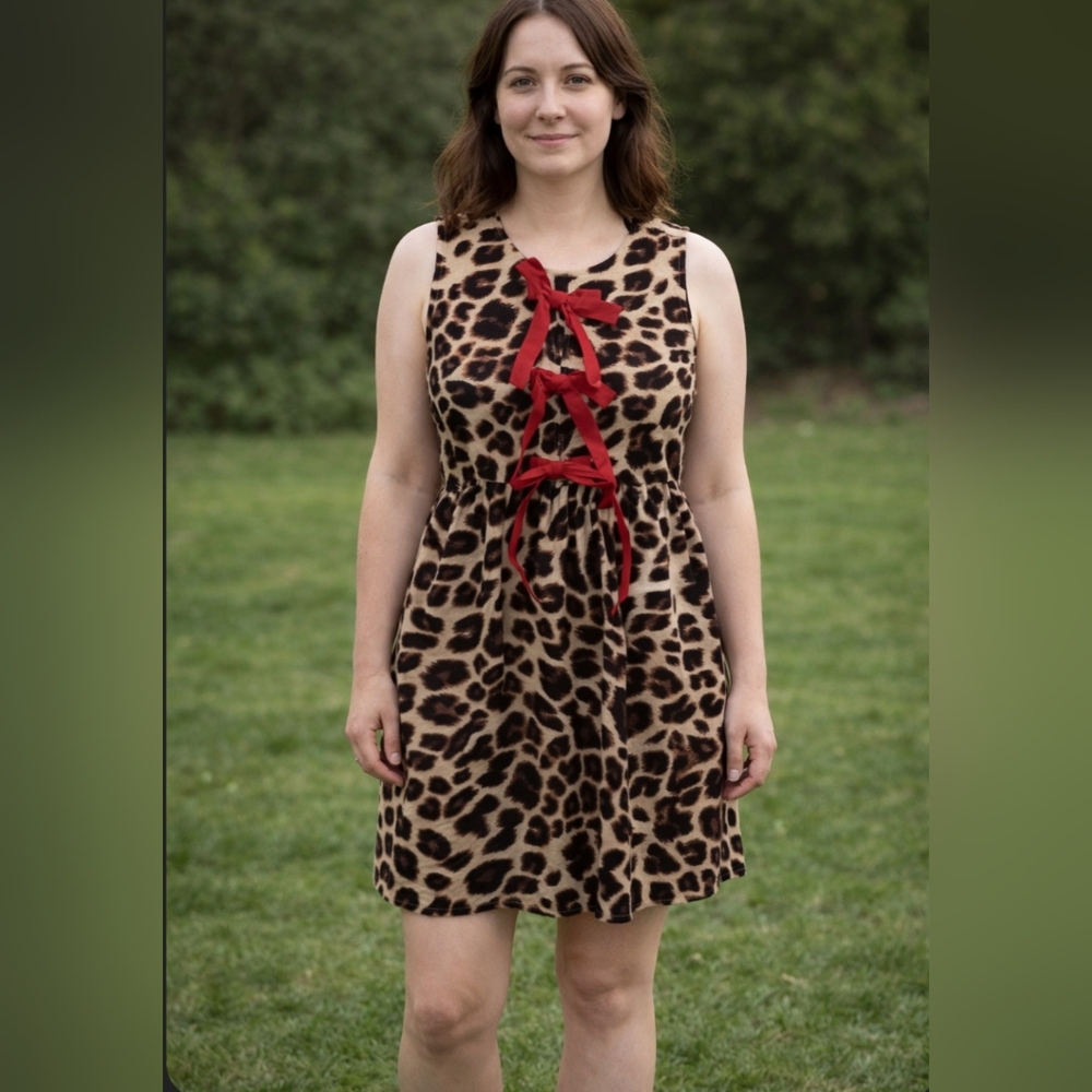 JODIFL Leopard Print Red Tie Sleeveless A Line Dress